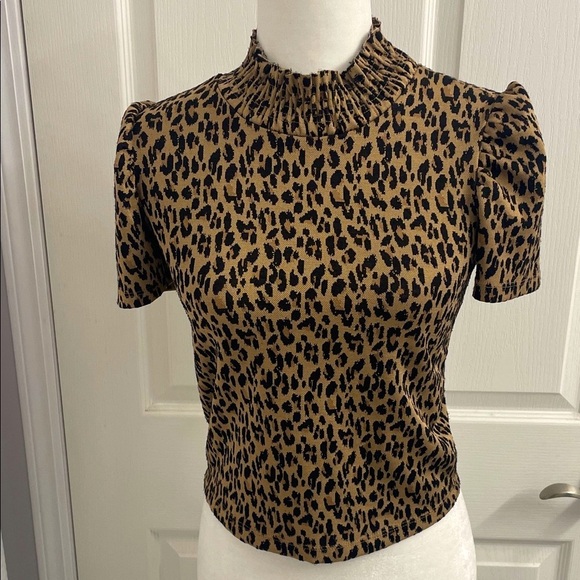 Zara Animal Print Black & Brown Smocked Neck Crop Top Puffed Short Sleeve Size S - Picture 8 of 10